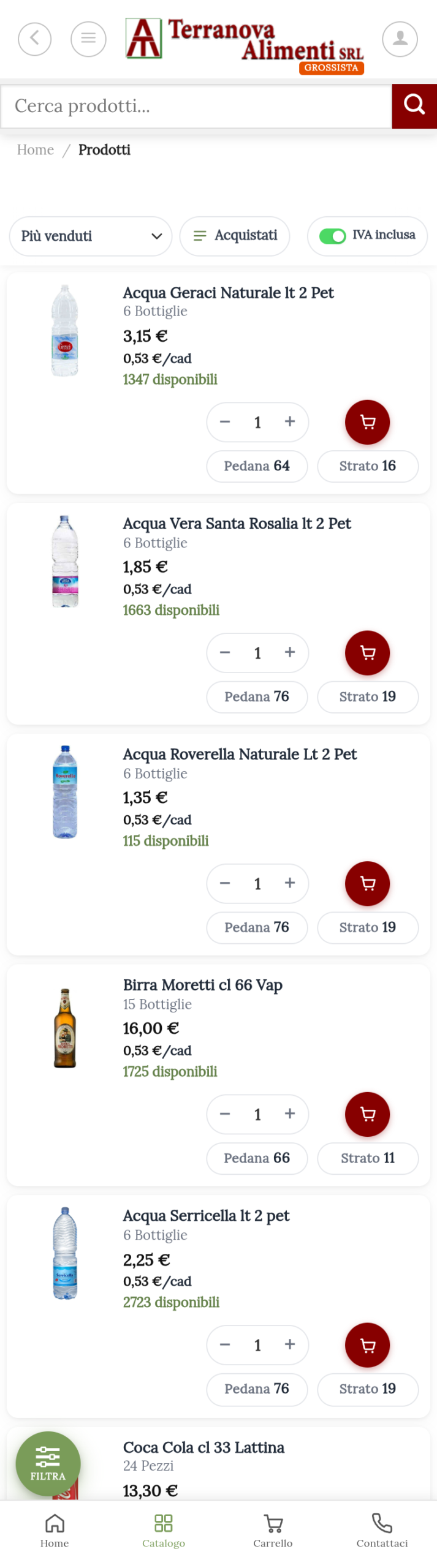Catalogo dell'App Terranova Alimenti con prezzi riservati, disponibilità e aggiunta al carrello