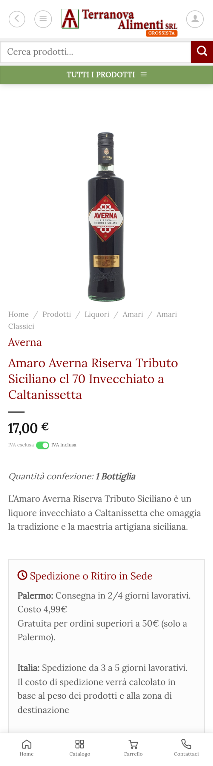 Scheda prodotto dell'App Terranova Alimenti con prezzo riservato e interruttore IVA inclusa/esclusa