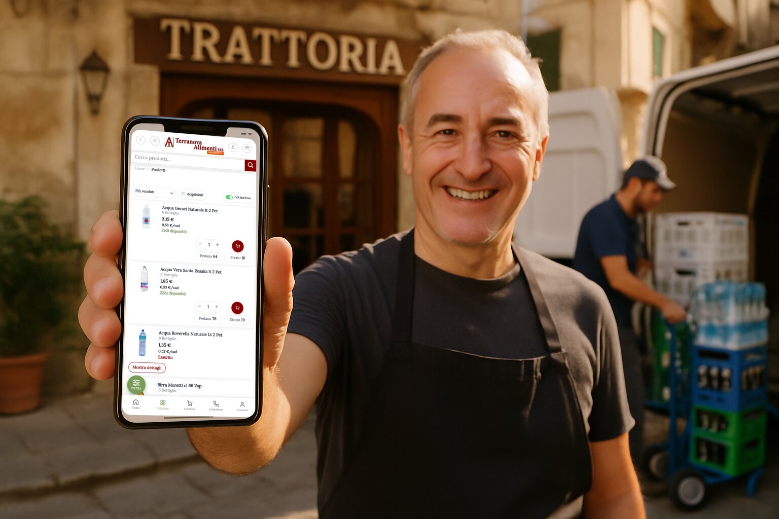 Ristoratore mostra l'App Terranova Alimenti con il catalogo e i prezzi sul telefono mentre il corriere scarica le casse di bevande davanti al locale