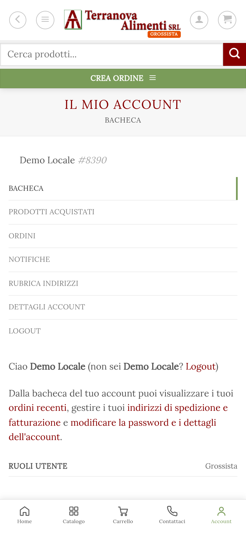 Bacheca dell'account cliente nell'App Terranova Alimenti con ordini, notifiche e rubrica indirizzi