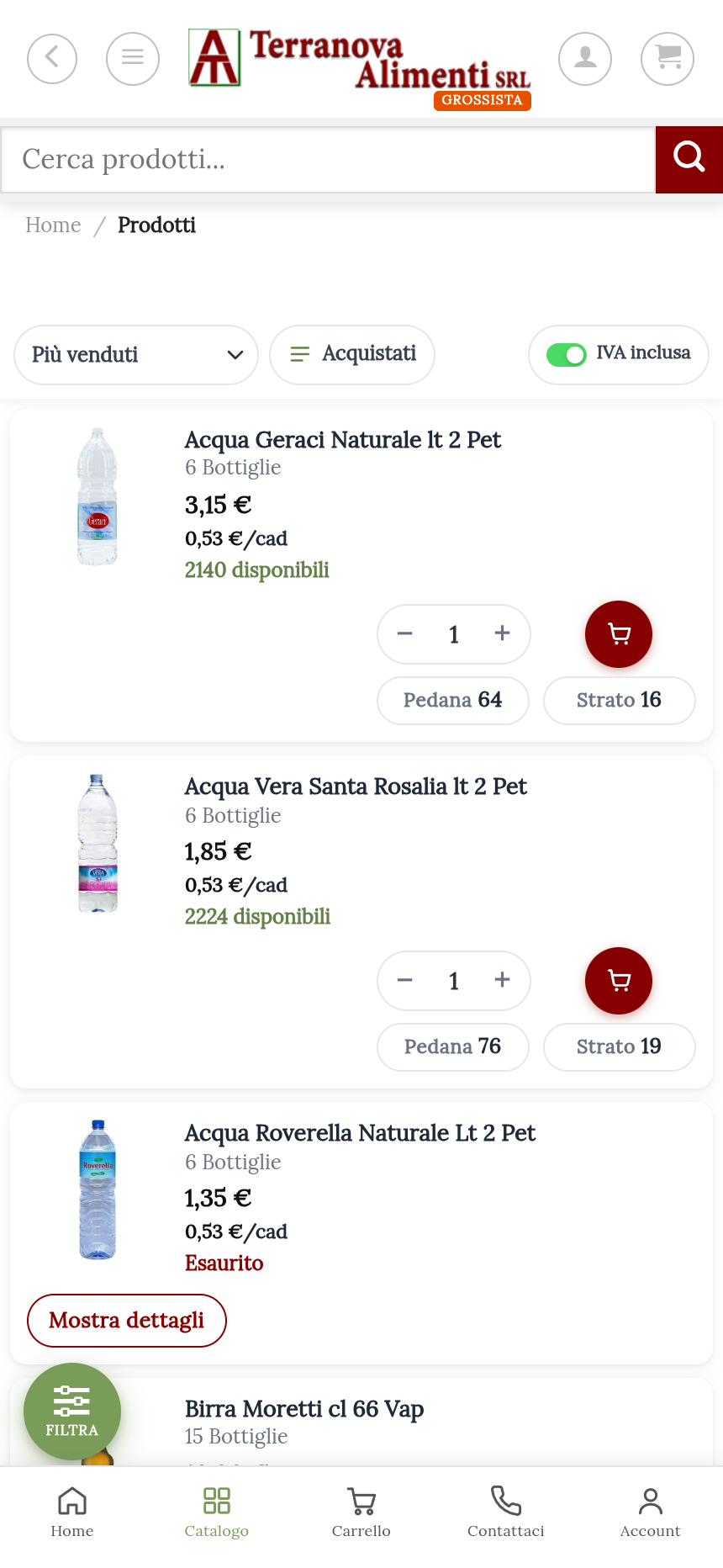 Catalogo dell'App Terranova Alimenti con prezzi riservati, disponibilità e aggiunta al carrello